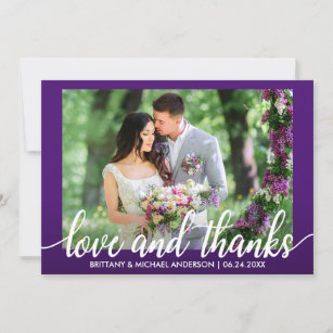 Tarjeta De Agradecimiento Amor y gracias ultravioletas púrpuras de la boda