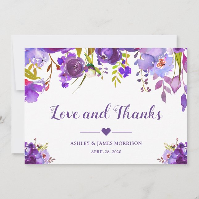 Tarjeta De Agradecimiento Amor y Gracias Violeta Púrpura Acuarela Floral (Anverso)