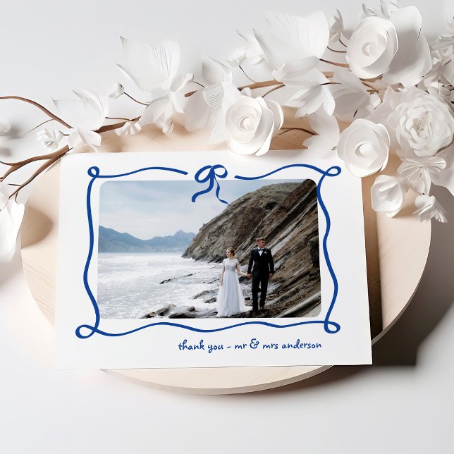 Tarjeta De Agradecimiento Amour | Blue French Bow and Photo Boda (Subido por el creador)