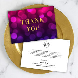 Tarjeta De Agradecimiento Añadir su logotipo Magenta Bokeh Luces Faux Gold