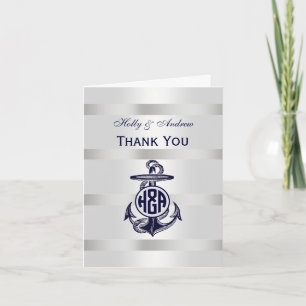 Tarjeta De Agradecimiento Ancla Azul Monograma Circular Plata Blanco Marina