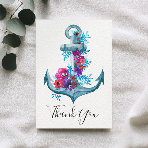 Tarjeta De Agradecimiento Ancla Floral Acuarela Náutica Gracias
