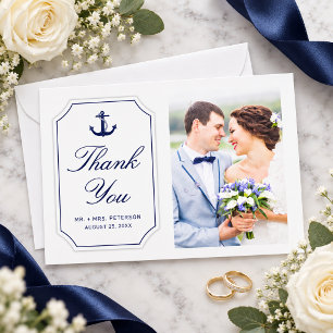 Tarjeta De Agradecimiento Ancla Náutica Azul en Foto de Boda Blanca