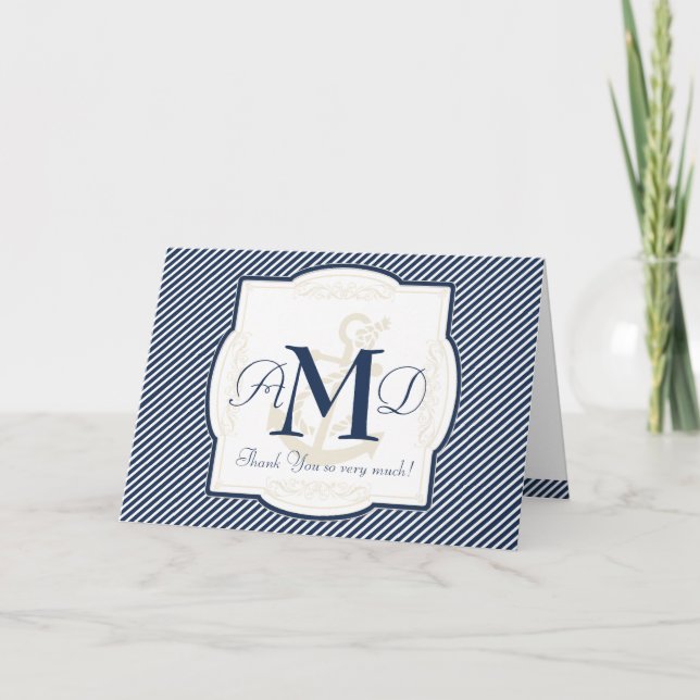 Tarjeta De Agradecimiento Ancla Náutica Barco Rayas Diagonales Remolino Mode (Anverso)