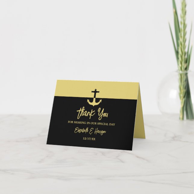 Tarjeta De Agradecimiento Ancla Náutica - Oro Negro - Boda en la playa (Anverso)