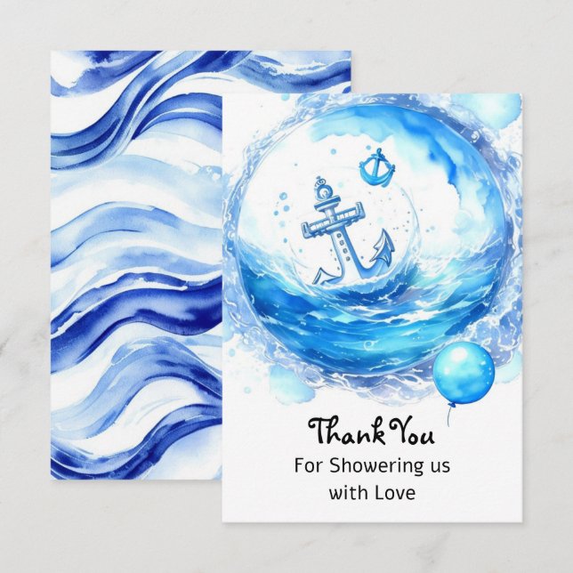Tarjeta De Agradecimiento Anclado en Alegría: Nautical Boy Baby Shower (Anverso / Reverso)