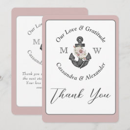 Tarjeta De Agradecimiento Anclaje floral Boda náutico Rosa Dusty