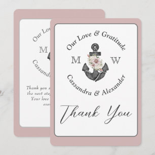 Tarjeta De Agradecimiento Anclaje floral Boda náutico Rosa Dusty