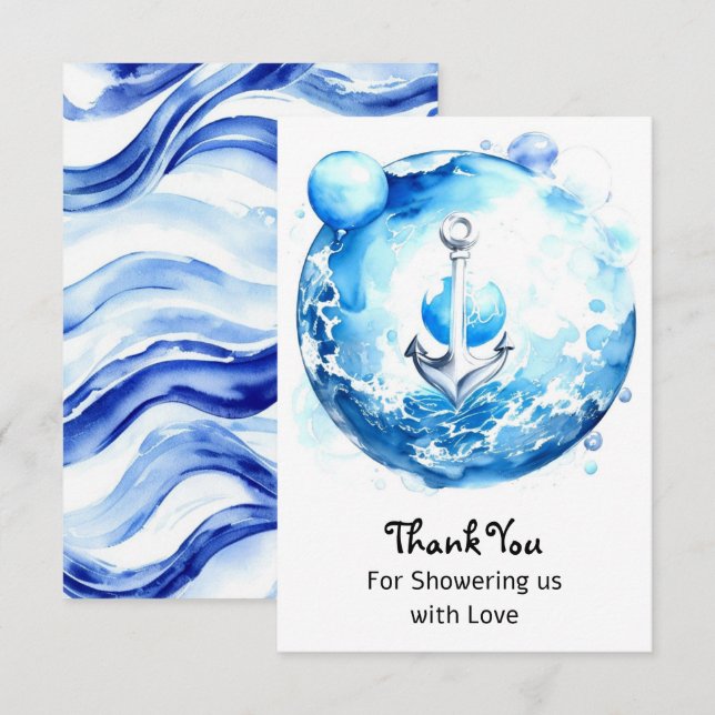 Tarjeta De Agradecimiento Anclas lejos: Nautical Watercolor Baby Shower (Anverso / Reverso)