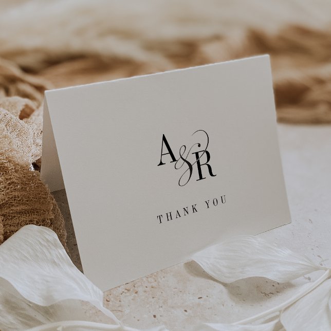 Tarjeta De Agradecimiento ANDREA Boda formal del monograma blanco negro dobl (ANDREA Folded White Black Monogram Formal Wedding Thank You Card)