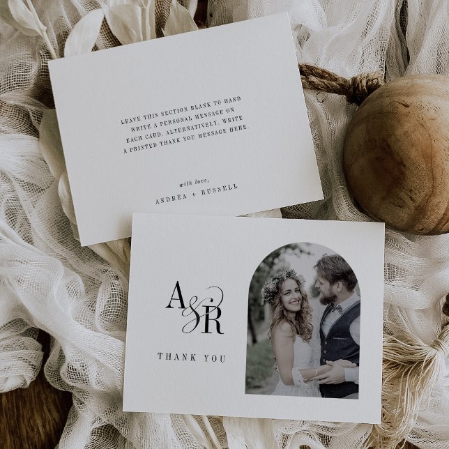 Tarjeta De Agradecimiento ANDREA Boda fotográfico mínimo de Moda blanca plan (ANDREA Flat White Black Chic Minimal Photo Wedding Thank You Card)