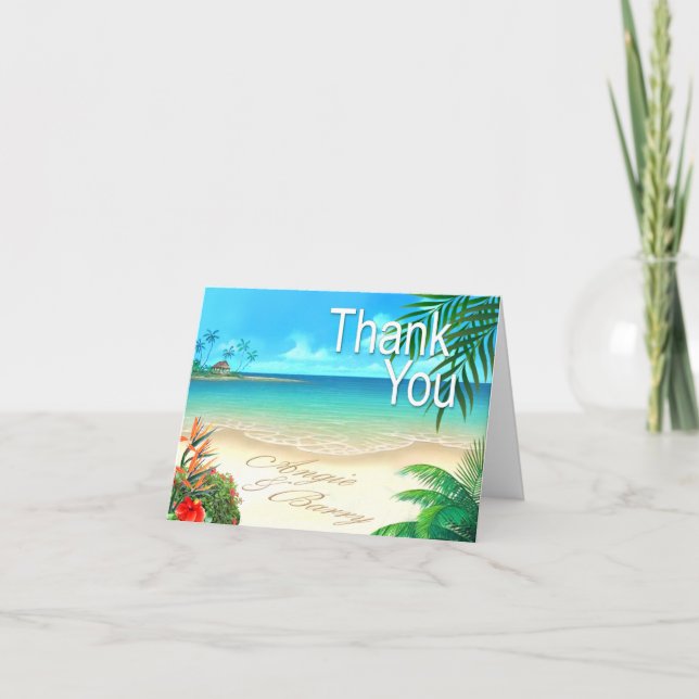Tarjeta De Agradecimiento Angie & Barry Exotic Beach Gracias ::personalizado (Anverso)