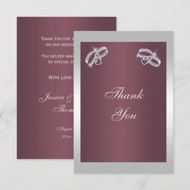 Tarjeta De Agradecimiento Anillos de plata espumosa y burgandy (Anverso / Reverso)