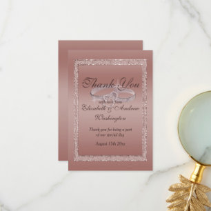 Tarjeta De Agradecimiento Anillos Rosa Purpurina de oro y Boda plateado
