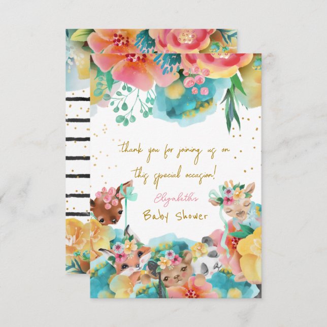 Tarjeta De Agradecimiento Animados adorables flores florecen niñas ducha (Anverso / Reverso)