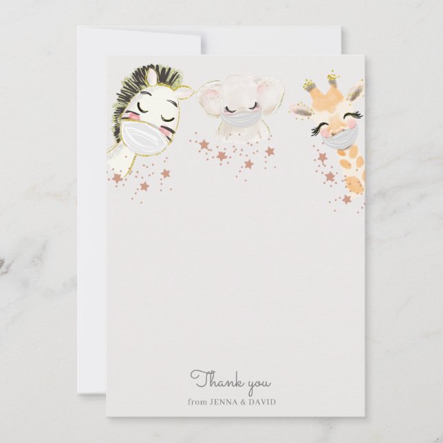 Tarjeta De Agradecimiento animales bebés mascarilla máscara Baby Shower Grac (Anverso)
