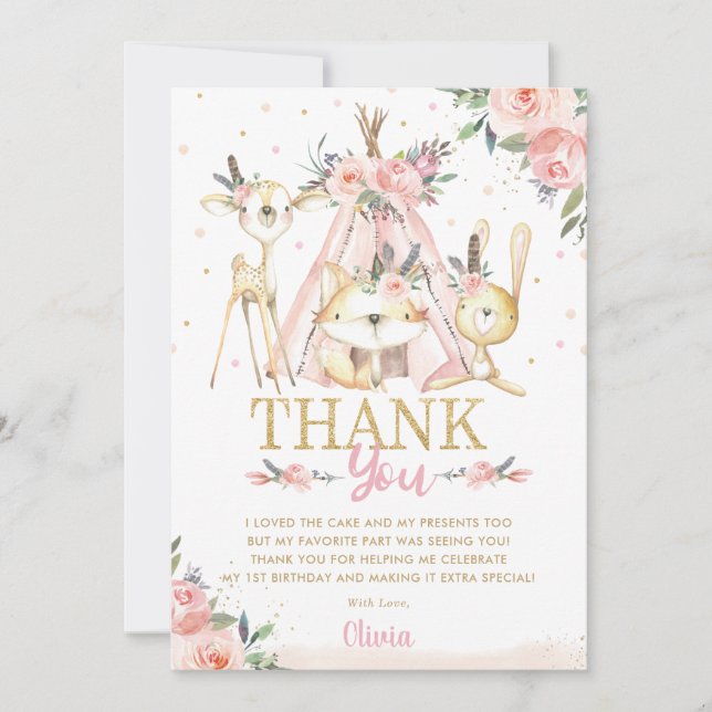 Tarjeta De Agradecimiento Animales Cute Woodland Boho Fiesta de Cumpleaños T (Anverso)