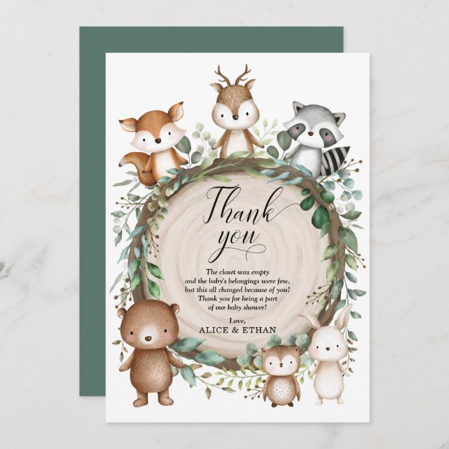 Tarjeta De Agradecimiento Animales de bosque rústico favorecen a Baby Shower (Anverso / Reverso)
