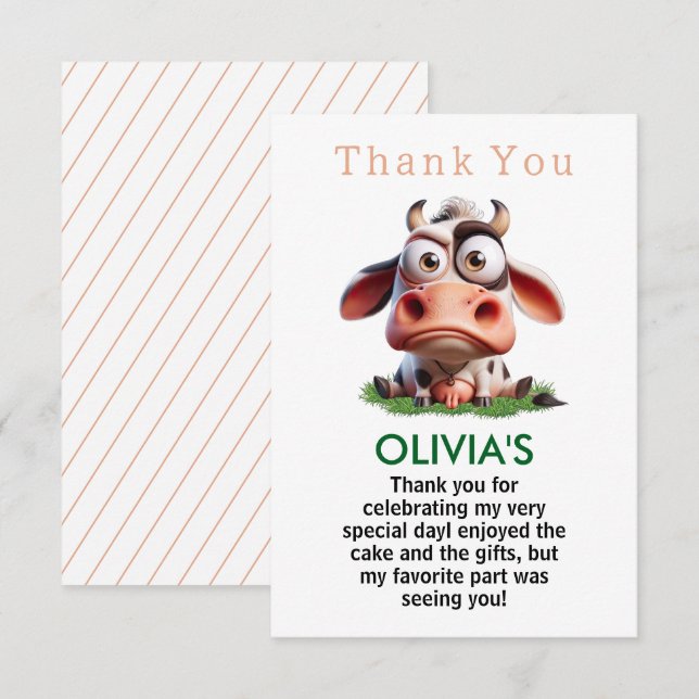 Tarjeta De Agradecimiento Animales de granja de vacas cutas Fiesta de cumple (Anverso / Reverso)
