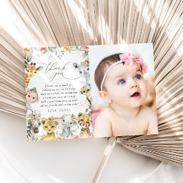 Tarjeta De Agradecimiento Animales de la jungla, Safari, Flores, primer cump