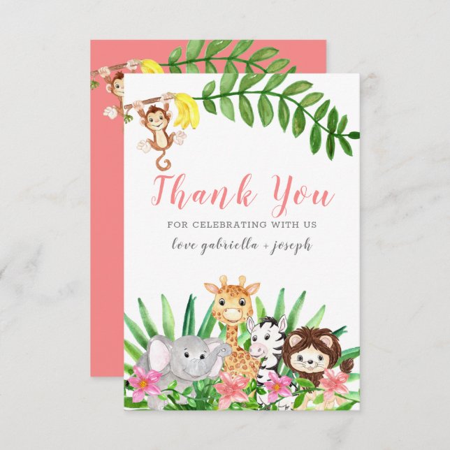 Tarjeta De Agradecimiento Animales de Safari Cute | Bebé rosa Shower (Anverso / Reverso)