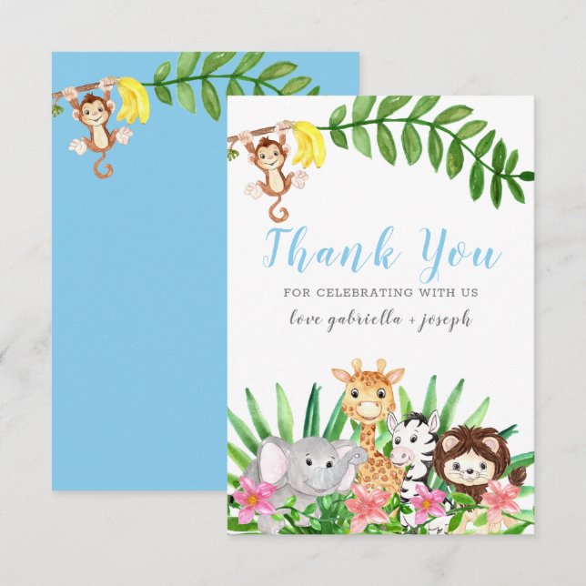 Tarjeta De Agradecimiento Animales de Safari Cute | Blue Baby Boy Shower (Anverso / Reverso)