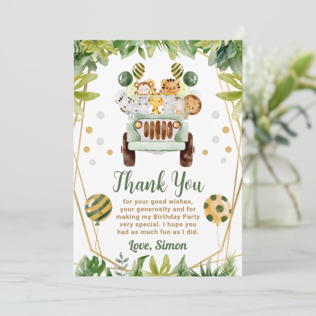 Tarjeta De Agradecimiento Animales de Safari de la Jungla de Acuarela Cumple (Anverso de pie)