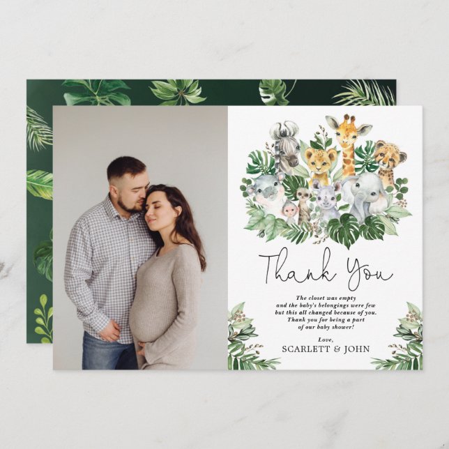 Tarjeta De Agradecimiento Animales de Safari en la Jungla Tropical Baby Show (Anverso / Reverso)