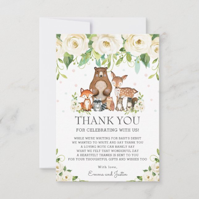Tarjeta De Agradecimiento Animales de Woodland Baby Shower Floral de marfil  (Anverso)