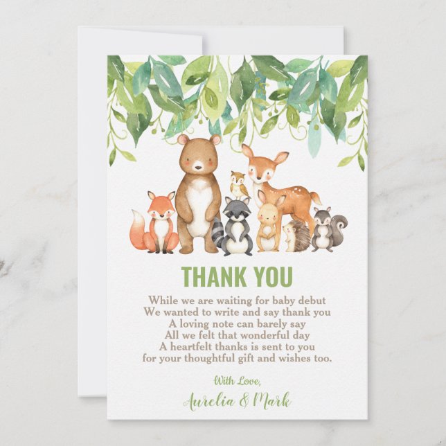 Tarjeta De Agradecimiento Animales de Woodland Niño de la selva Baby Shower  (Anverso)