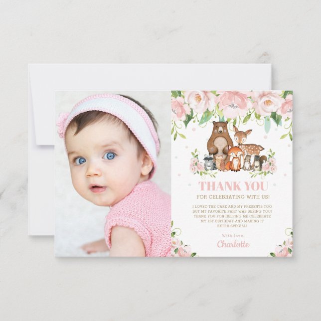 Tarjeta De Agradecimiento Animales del Bosque Cumpleaños 1 Floral Rosa (Anverso)