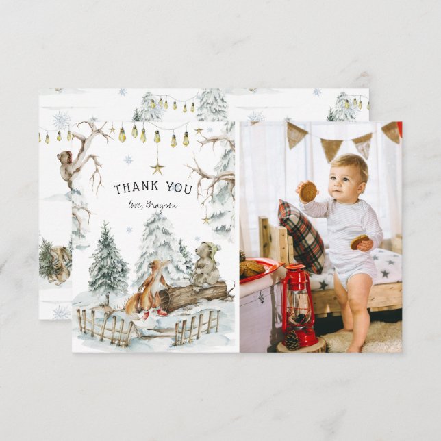 Tarjeta De Agradecimiento Animales del Bosque de Bosques de Invierno Cumplea (Anverso / Reverso)