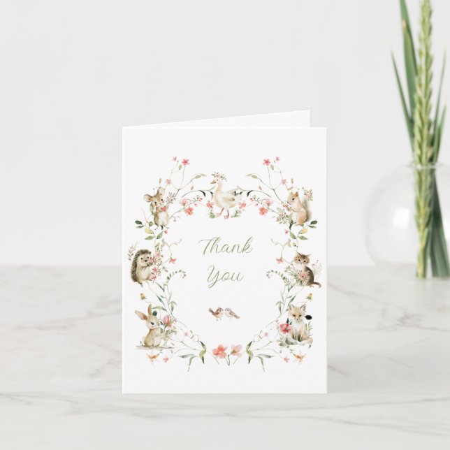 Tarjeta De Agradecimiento Animales del Bosque de Flores Acuarela Baby Shower (Anverso)