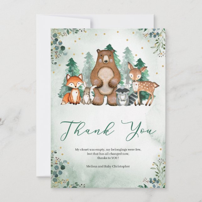 Tarjeta De Agradecimiento Animales del bosque de invierno Baby Shower (Anverso)