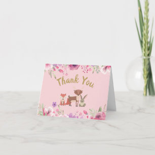 Tarjeta De Agradecimiento Animales del Bosque Floral Rosa Gracias