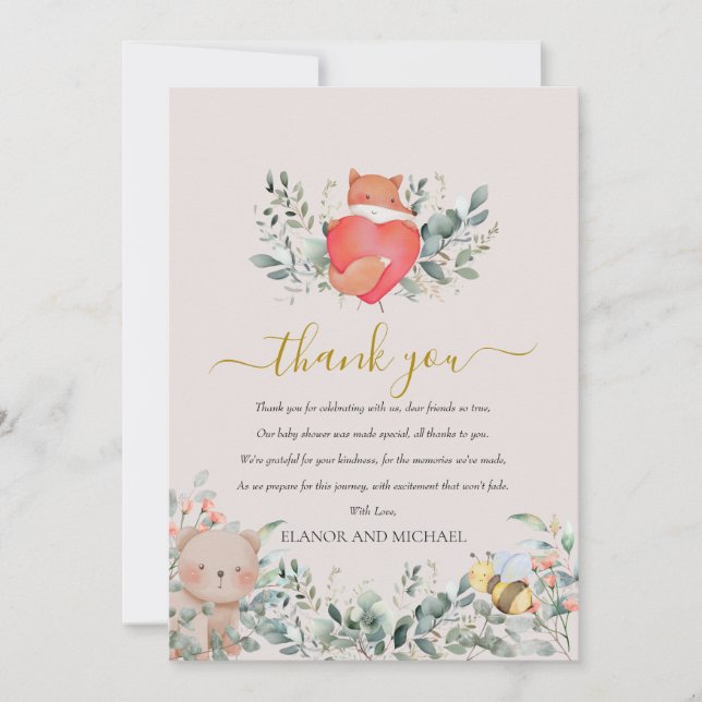 Tarjeta De Agradecimiento Animales del bosque rústico boho acuarela corazón (Anverso)