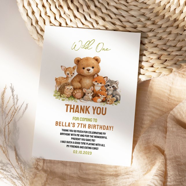 Tarjeta De Agradecimiento Animales del Bosque y la Madera Cumpleaños Salvaje (Forest Woodland Animals Wild One 1st Birthday Thank You Card
)