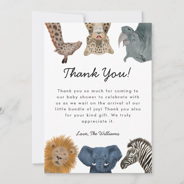 Tarjeta De Agradecimiento Animales salvajes de Safari Baby Shower Neutral de (Anverso)