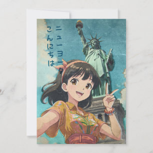 Tarjeta De Agradecimiento Anime Girl and Statue of Liberty, New York - Retro