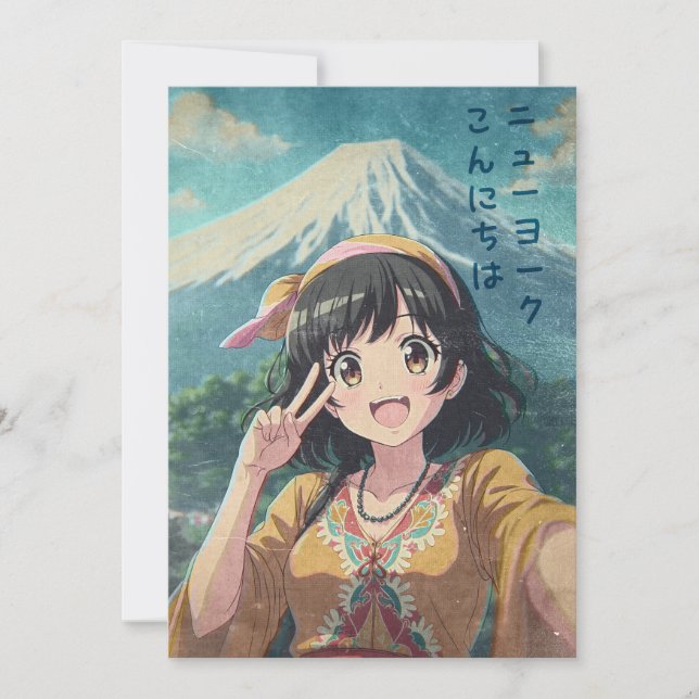 Tarjeta De Agradecimiento Anime Girl at Mount Fuji, Japan - Retro Kawaii Art (Anverso)