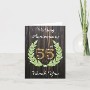 Tarjeta De Agradecimiento Aniversario 55 de Madera Rústica Esmeralda Laurel