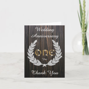 Tarjeta De Agradecimiento Aniversario de 1 año Rustic Wood Diamond Laurel