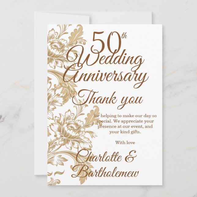 Tarjeta De Agradecimiento Aniversario de Bodas de Oro Floral (Anverso)