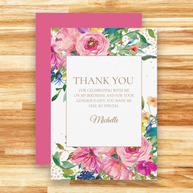 Tarjeta De Agradecimiento Aniversario de la Floral Amarilla Rosa Gracias (Pink and blue watercolor floral birthday party thank you card)
