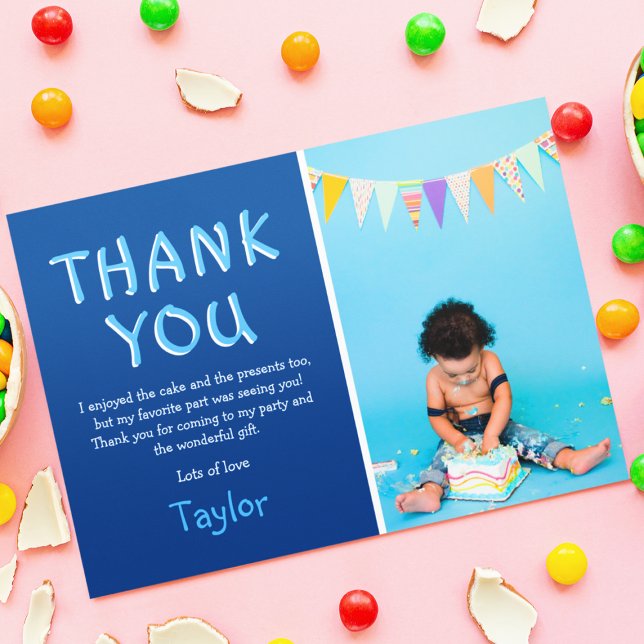 Tarjeta De Agradecimiento Aniversario de la foto de niños modernos | Azul (Subido por el creador)