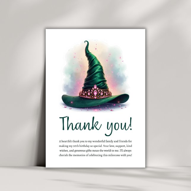 Tarjeta De Agradecimiento Aniversario de la Magnífica Corona Rosa y Gorra Br (Whimsical Crown & Green Wicked Witch Hat Birthday Thank You Card)