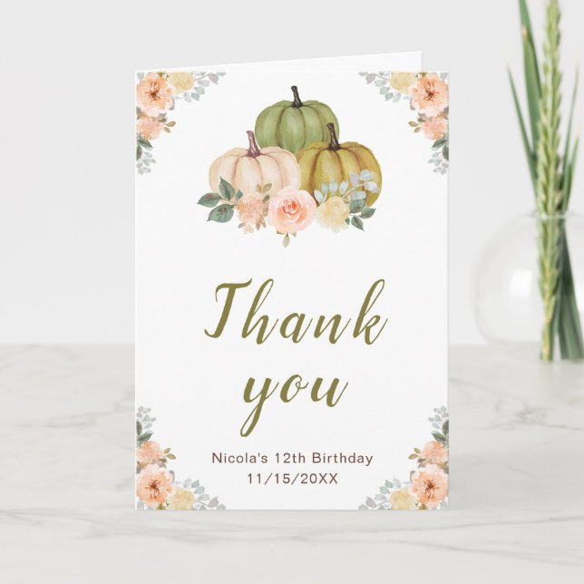 Tarjeta De Agradecimiento Aniversario de las calabazas florales Sage Green y (Anverso)