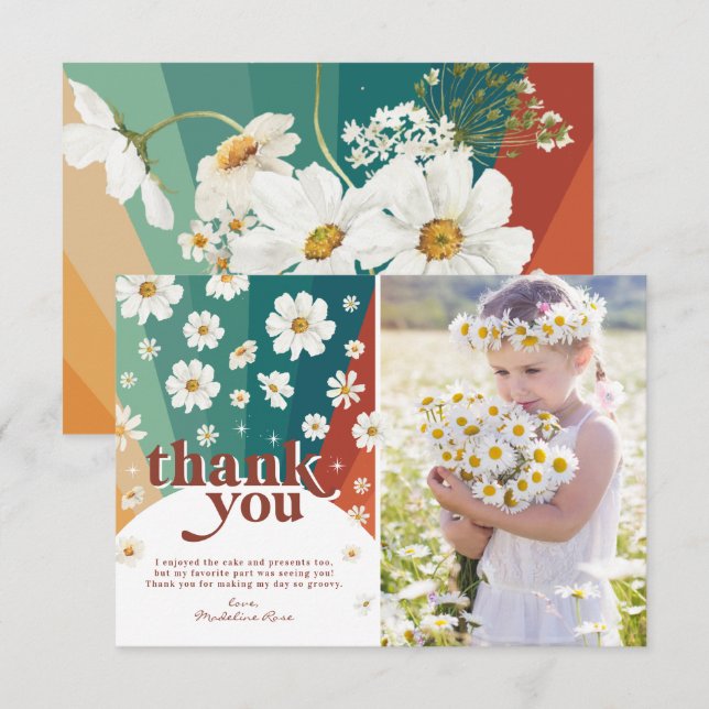 Tarjeta De Agradecimiento Aniversario del Arcoiris Retro Daisy Gracias (Anverso / Reverso)