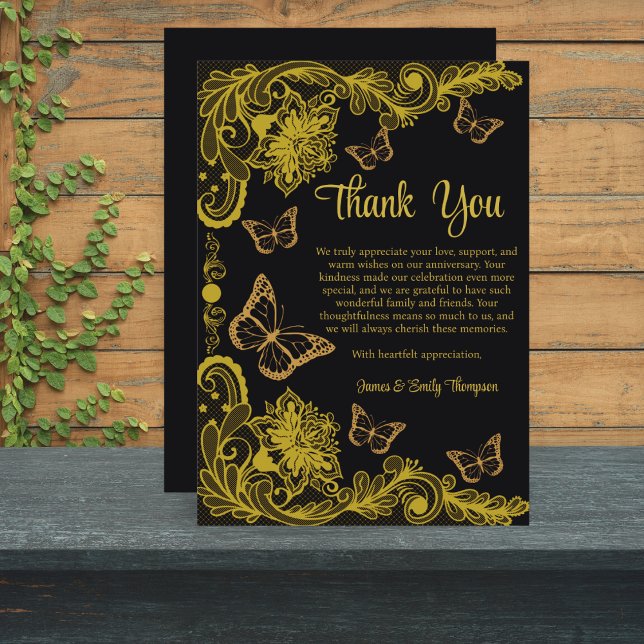 Tarjeta De Agradecimiento Aniversario del Boda de encaje floral negro y dora (Subido por el creador)