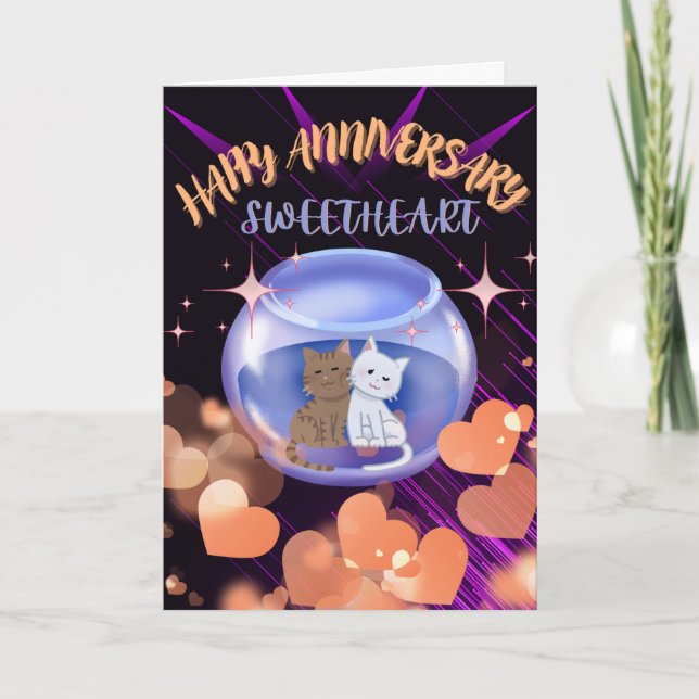 Tarjeta De Agradecimiento Aniversario del Boda del Gato Púrpura Moderno Neon (Anverso)